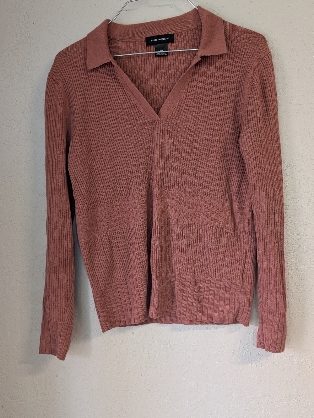 Club Monaco Ribbed V-Neck Polo Sweater S Mauve Brown Capsule Lagenlook Indie